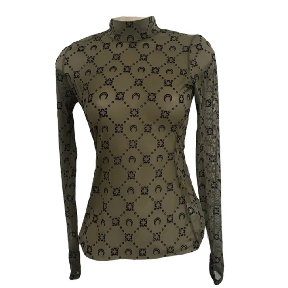 Marine Serre Olive  Moonogram Mesh Turtleneck Top